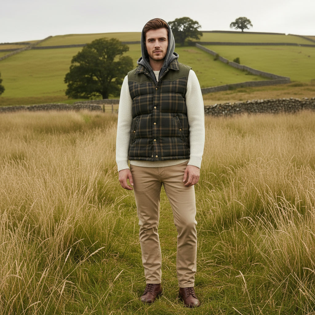 Men's Plaid Puffer Waistcoat with Hood - Kestrel