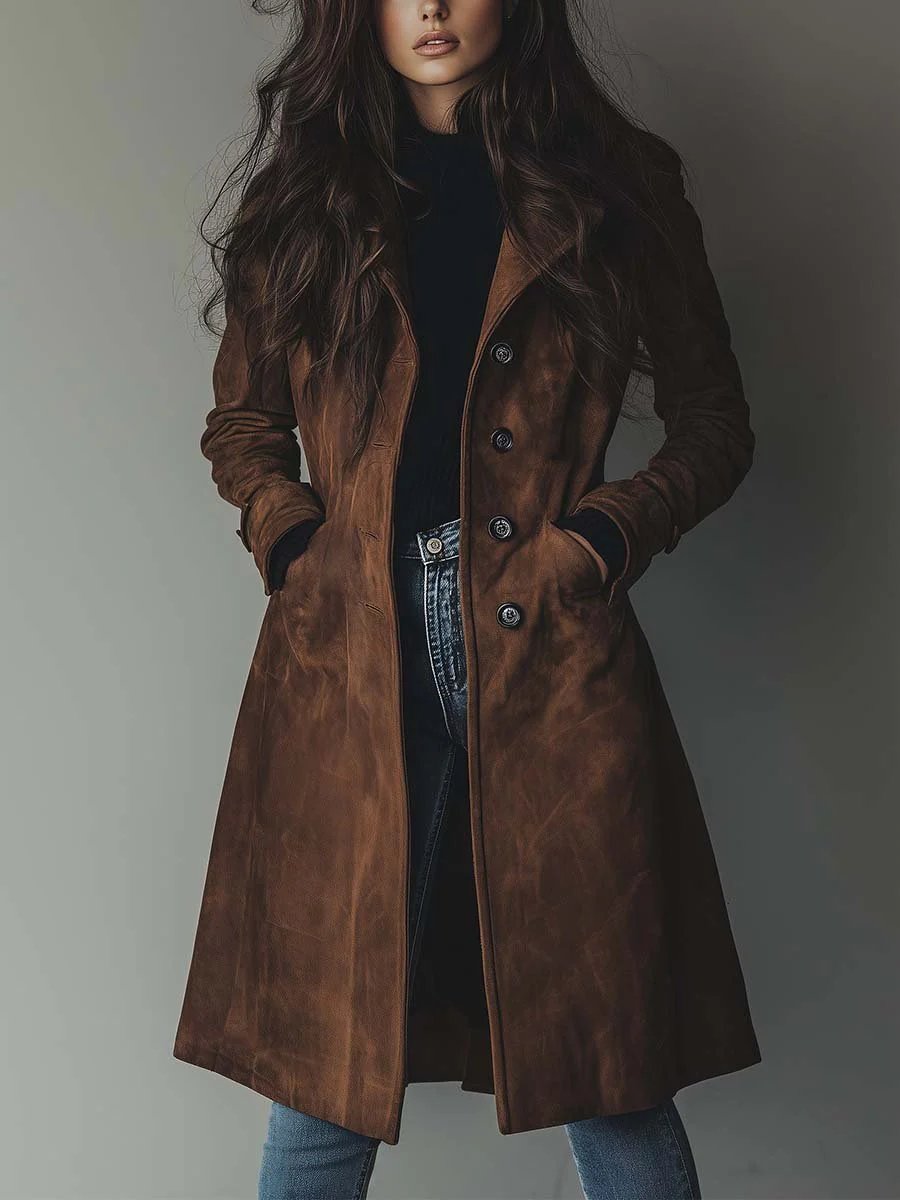 Women's Classic Double-Breasted Suede Trench Coat - Clara