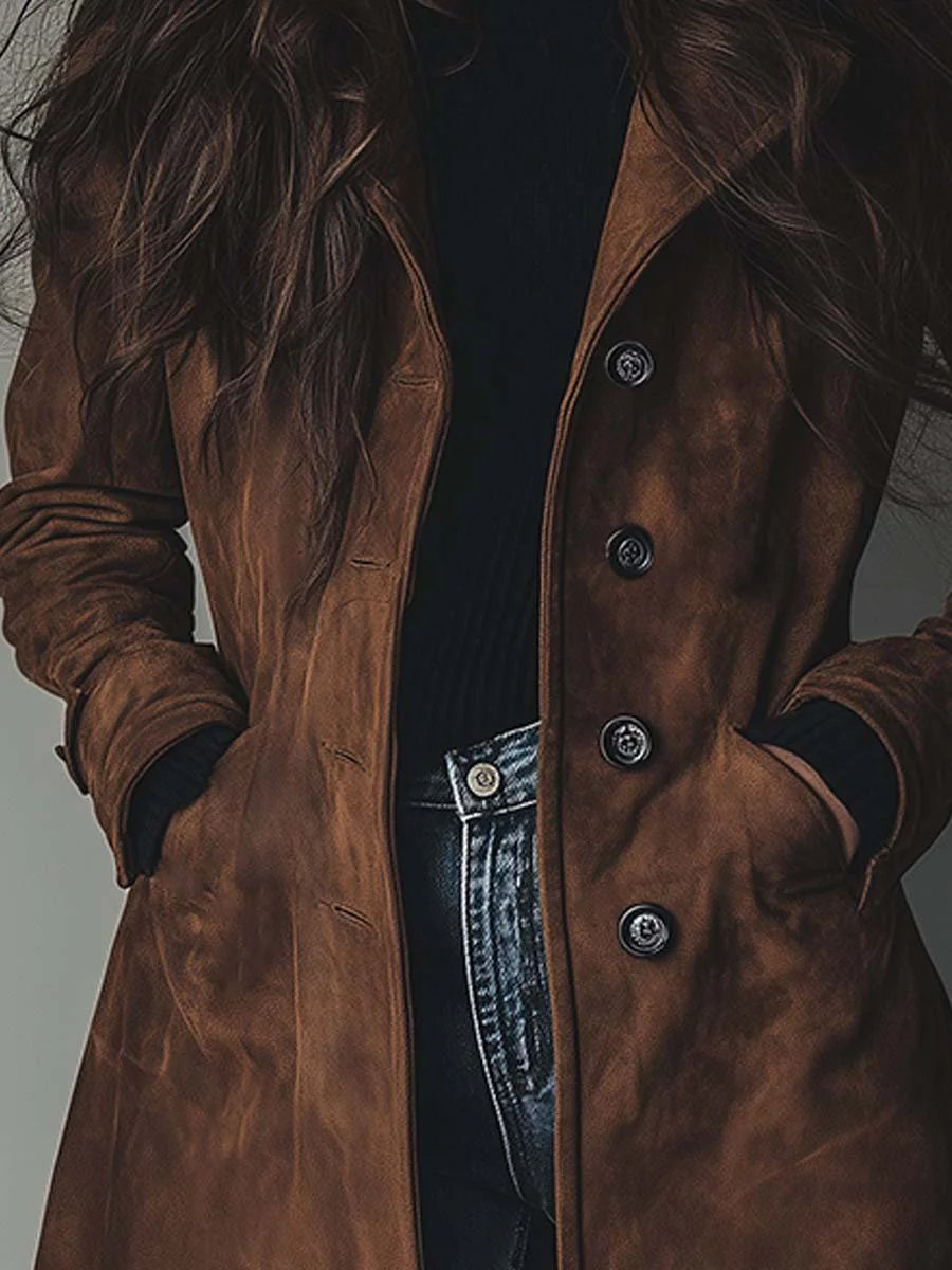 Women's Classic Double-Breasted Suede Trench Coat - Clara