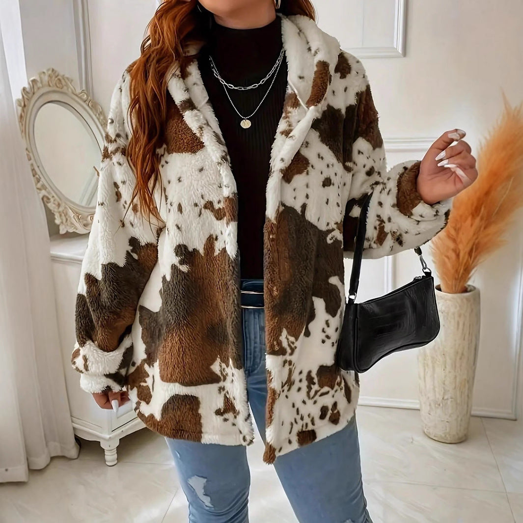 Women's Cow Print Faux Fur Winter Jacket - Lylia