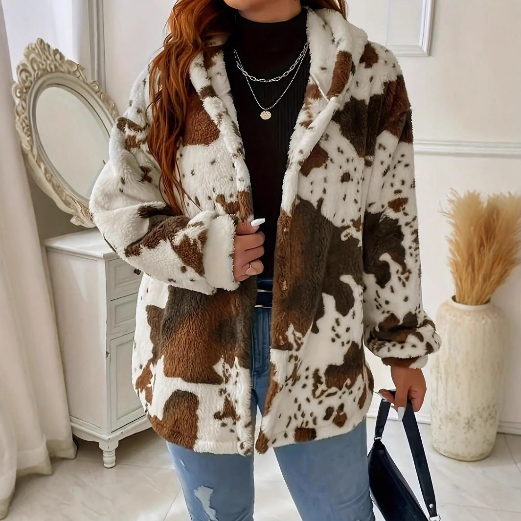 Women's Cow Print Faux Fur Winter Jacket - Lylia