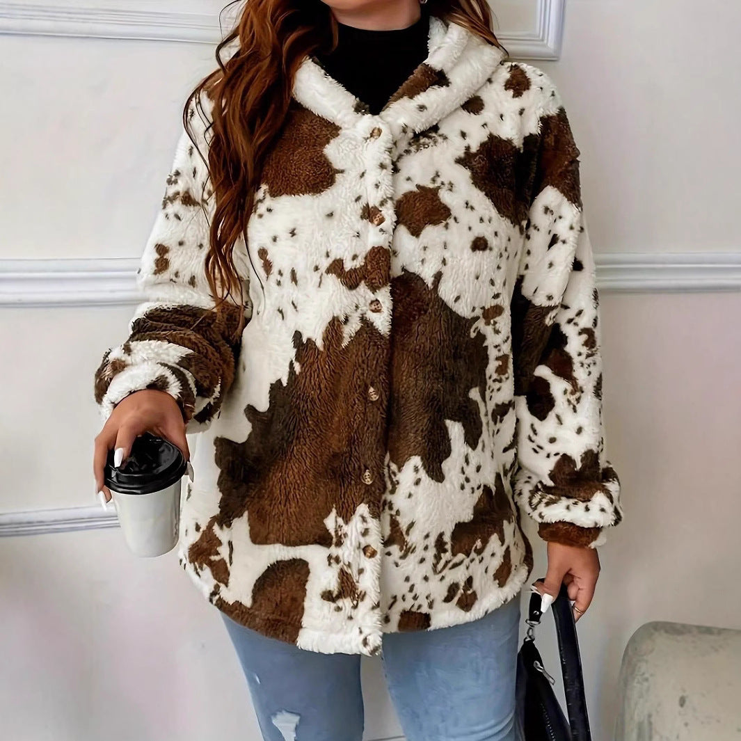 Women's Cow Print Faux Fur Winter Jacket - Lylia