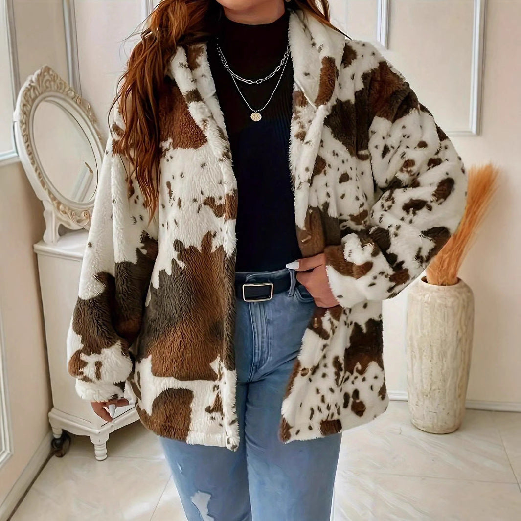 Women's Cow Print Faux Fur Winter Jacket - Lylia
