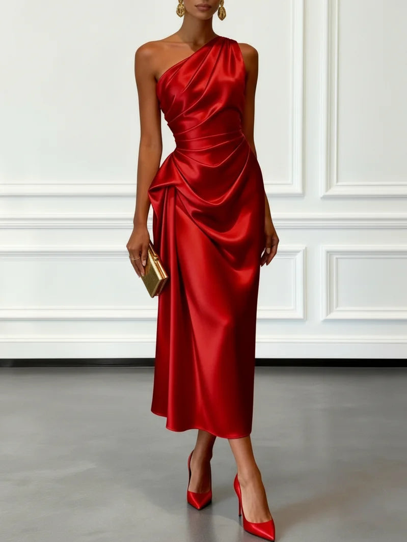 Women's Satin One-Shoulder Cocktail Dress - Lila